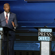Sen. Raphael Warnock, D-Ga., speaks next to an empty podium set up for Republican challenger Herschel Walker, who was invited but did not attend, during a U.S. Senate debate as part of the Atlanta Press Club Loudermilk-Young Debate Series in Atlanta on Sunday, Oct. 16, 2022.